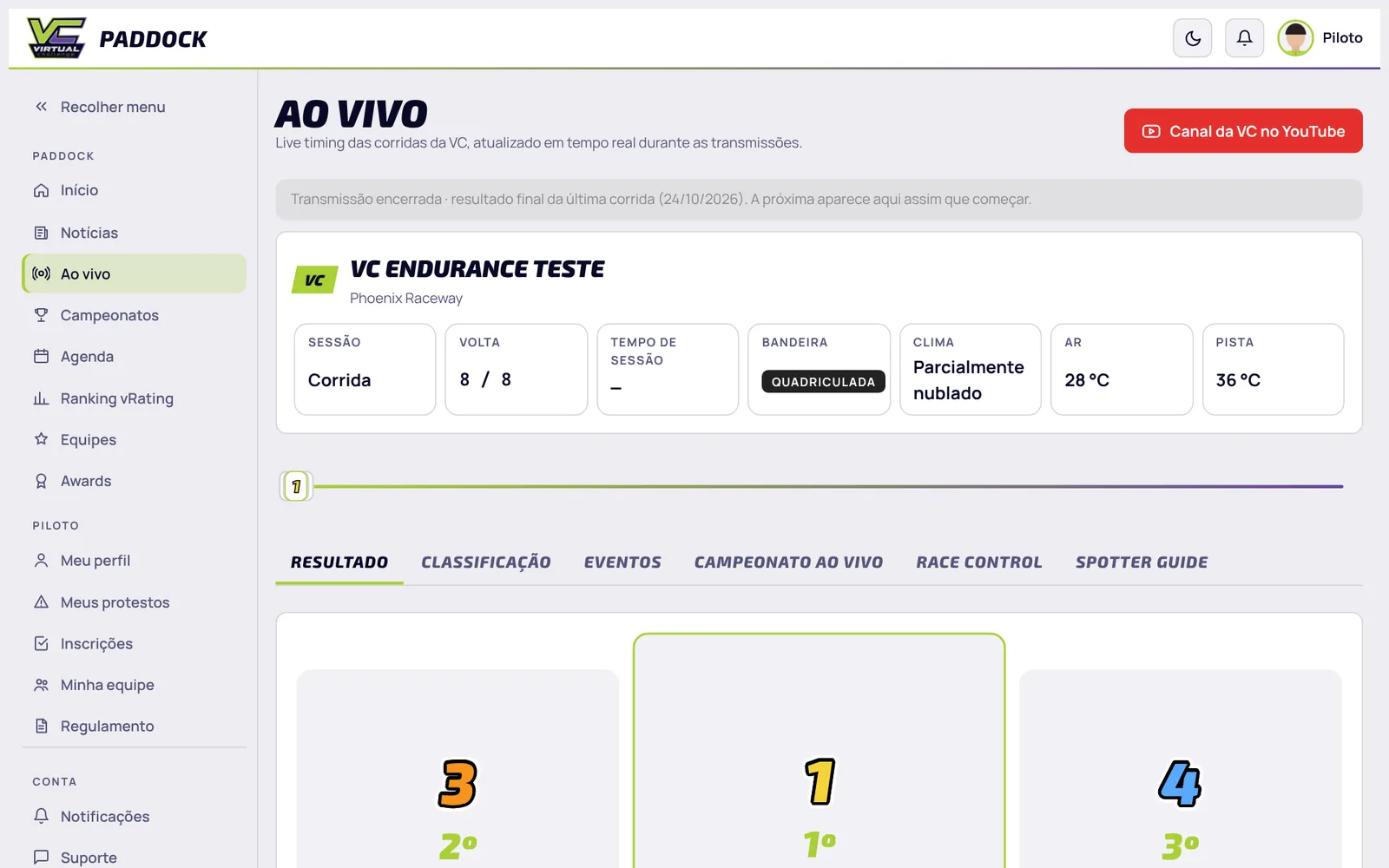 Live timing Ao vivo