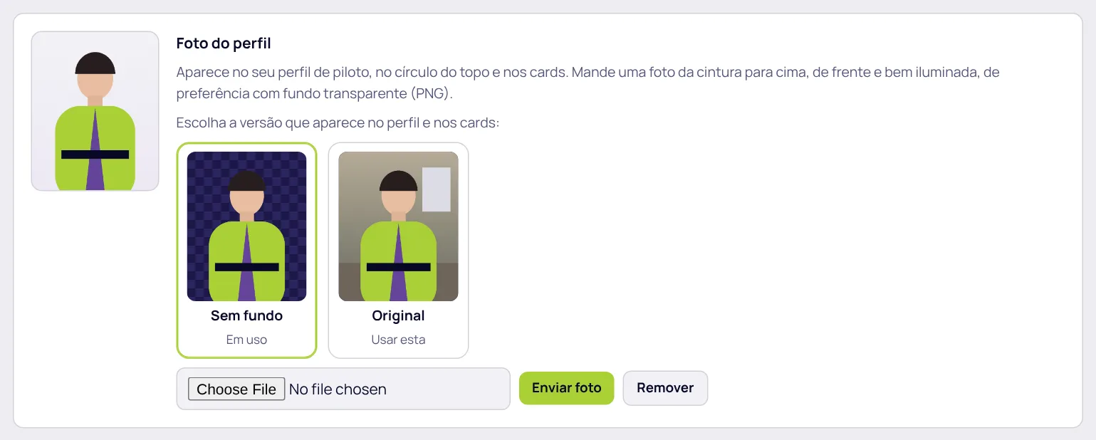 Foto do perfil com as versões sem fundo e original