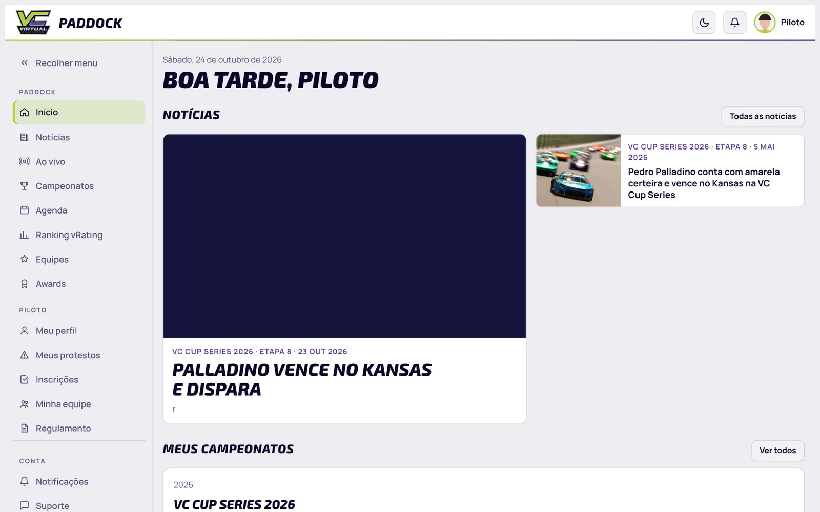 Início do VC Paddock com o menu do piloto