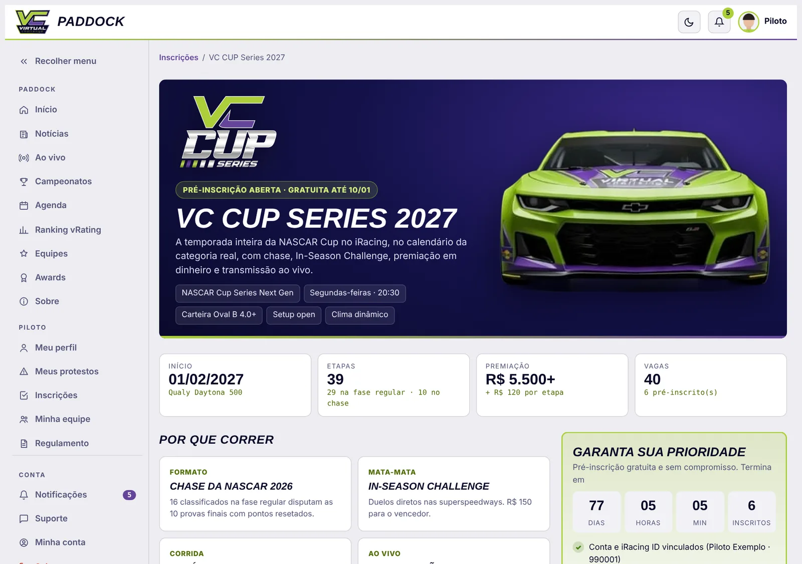 Página do campeonato com a pré-inscrição