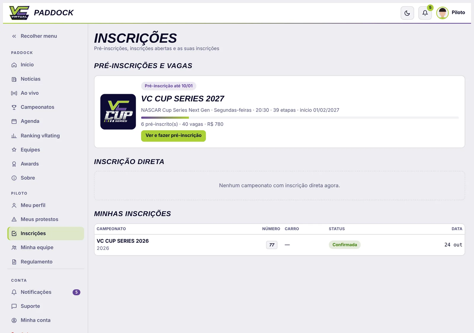Página de inscrições