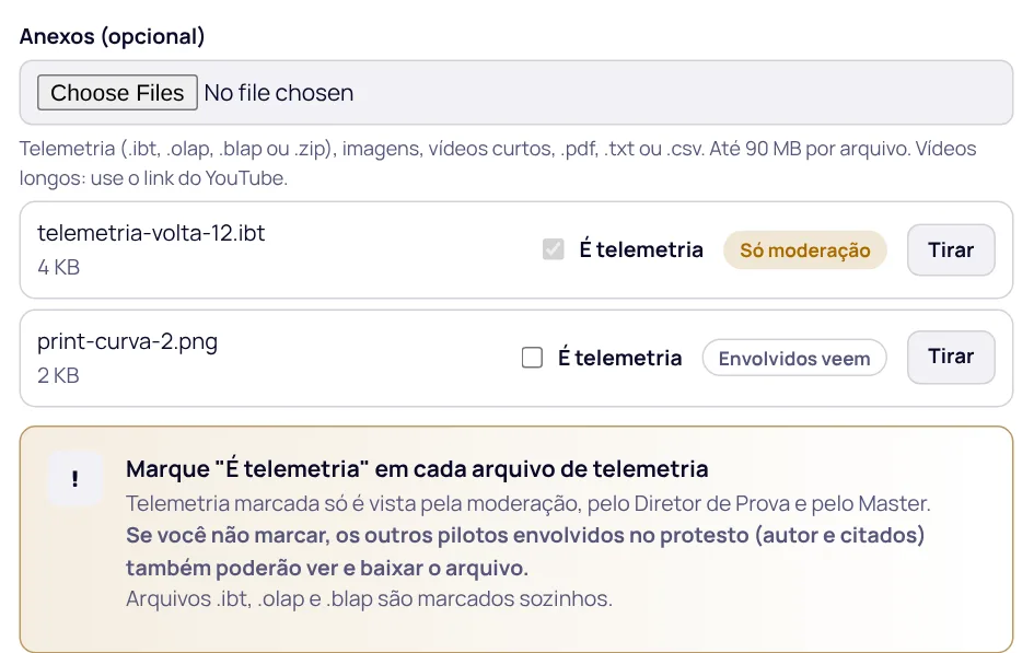 Campo de anexos com a opção É telemetria