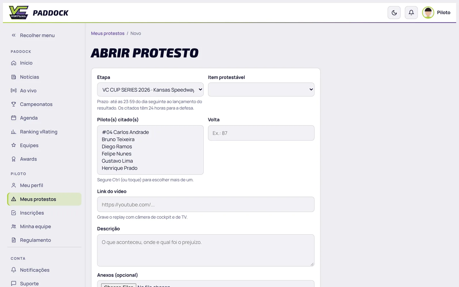 Formulário para abrir protesto