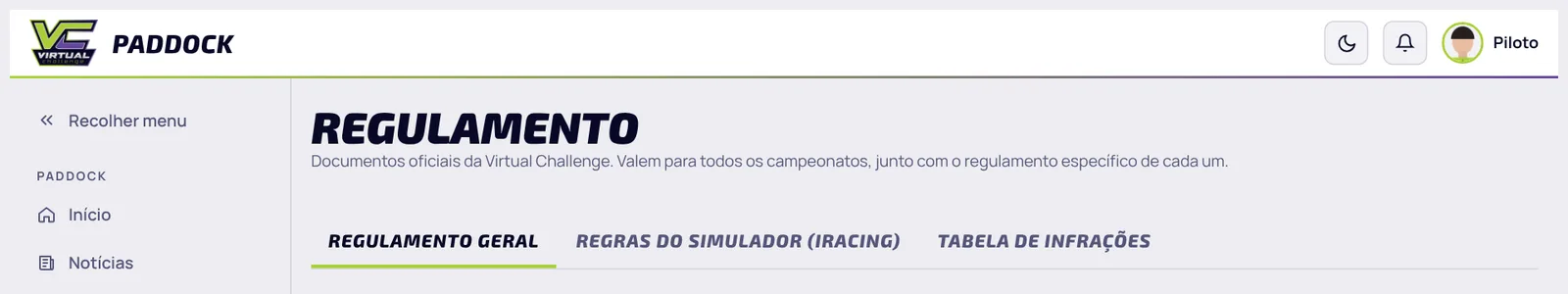 Página do regulamento com as abas