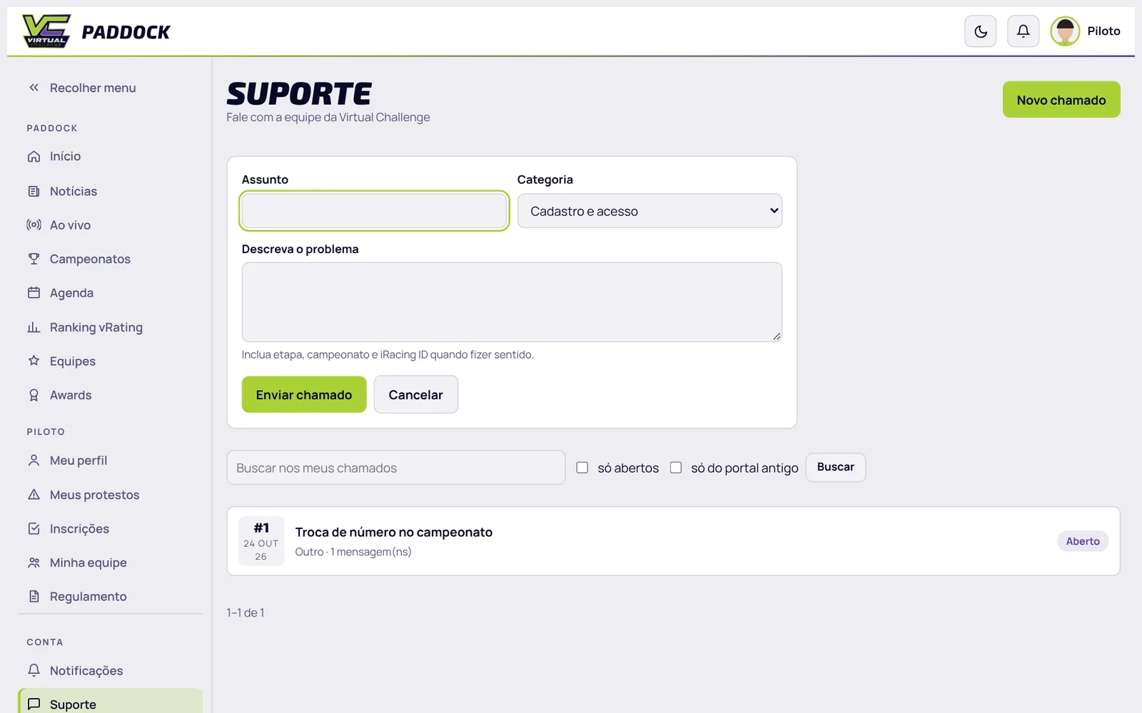 Novo chamado no Suporte